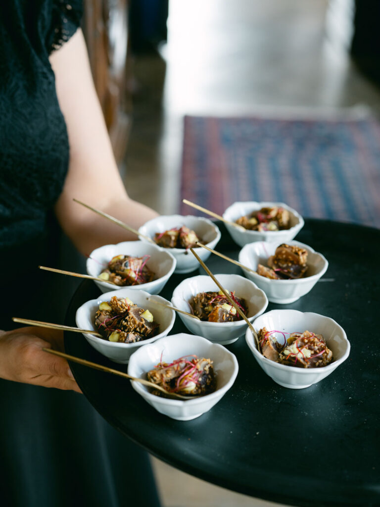 Tray of beautifully plated appetizers served at Kevin and Steven's wedding reception in France