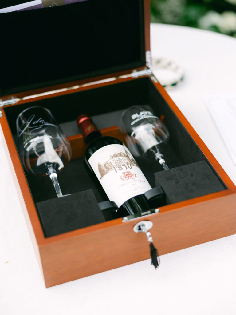 Custom wine gift set with personalized glasses at Kevin and Steven's wedding in France