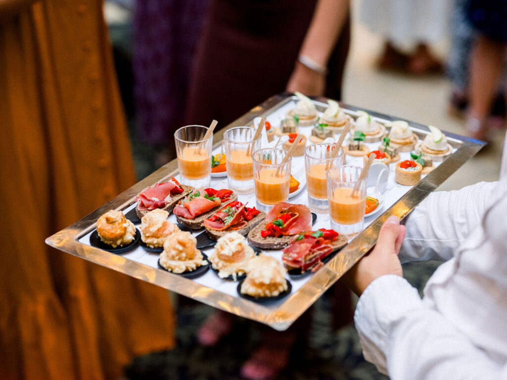 Tray of gourmet hors d'oeuvres served at the wedding reception