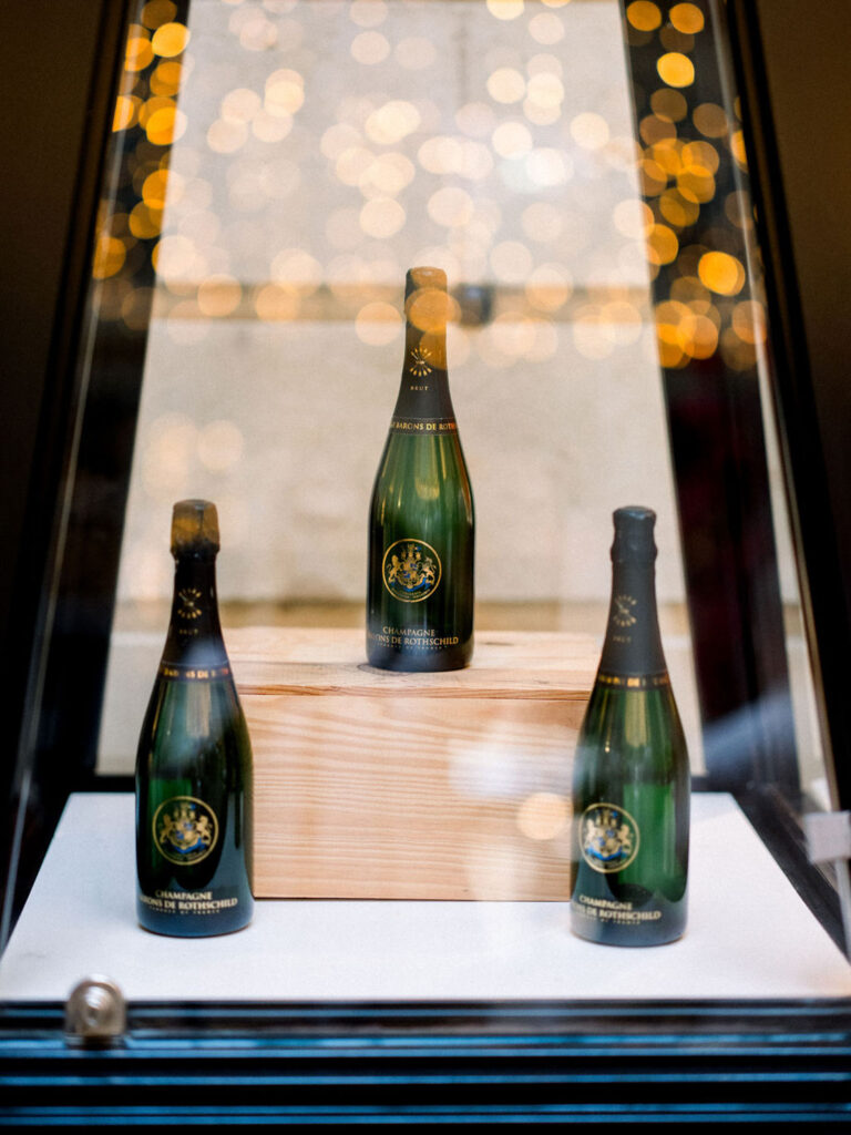 Display of champagne bottles at the wedding reception of Alexandra and Thomas