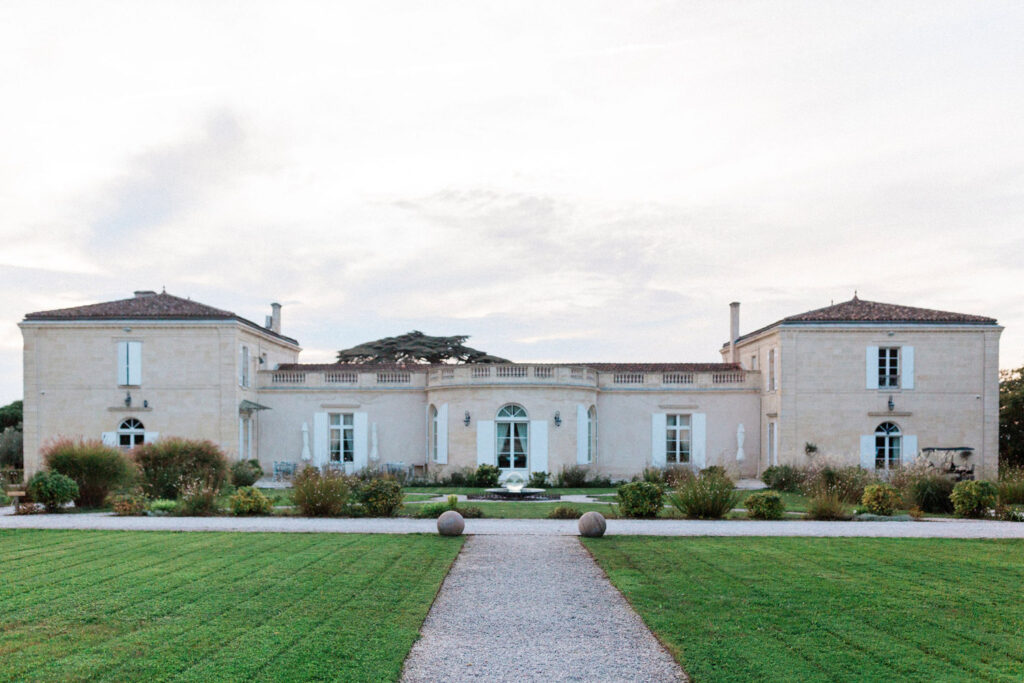 The historic Bordeaux wedding venue at sunset, showcasing its French countryside charm